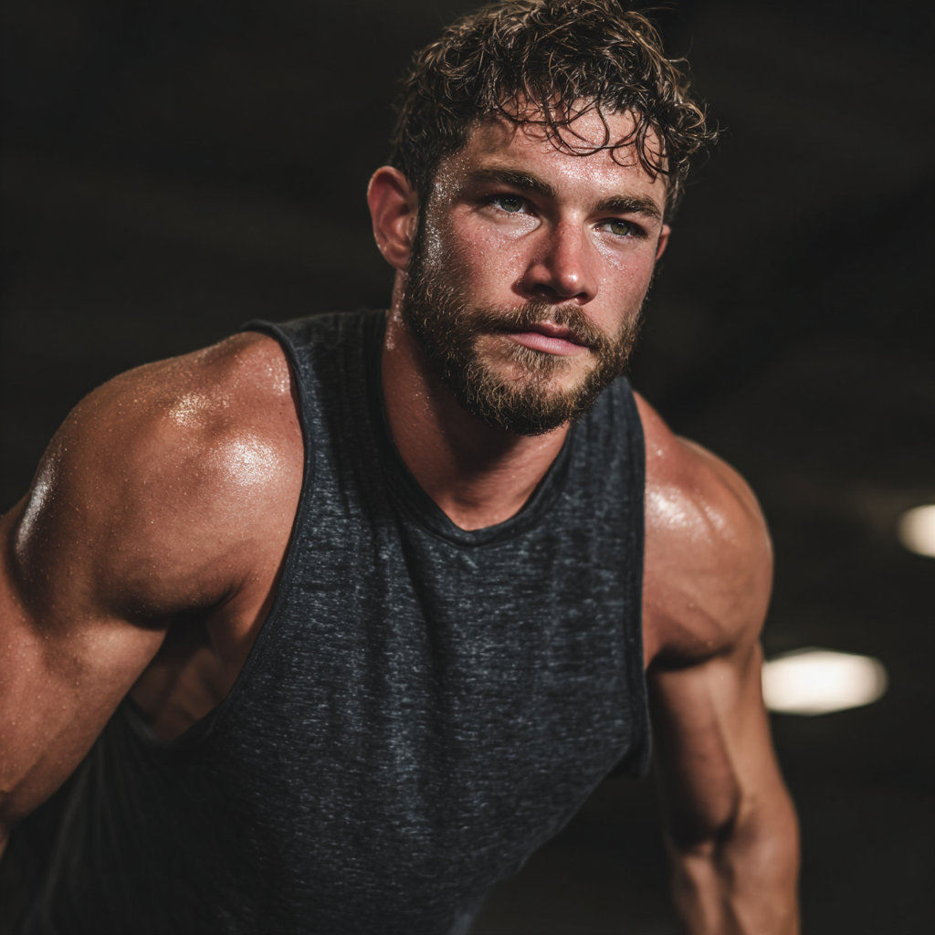 Strong confident man in workout gear demonstrating physical strength and mental focus during training session